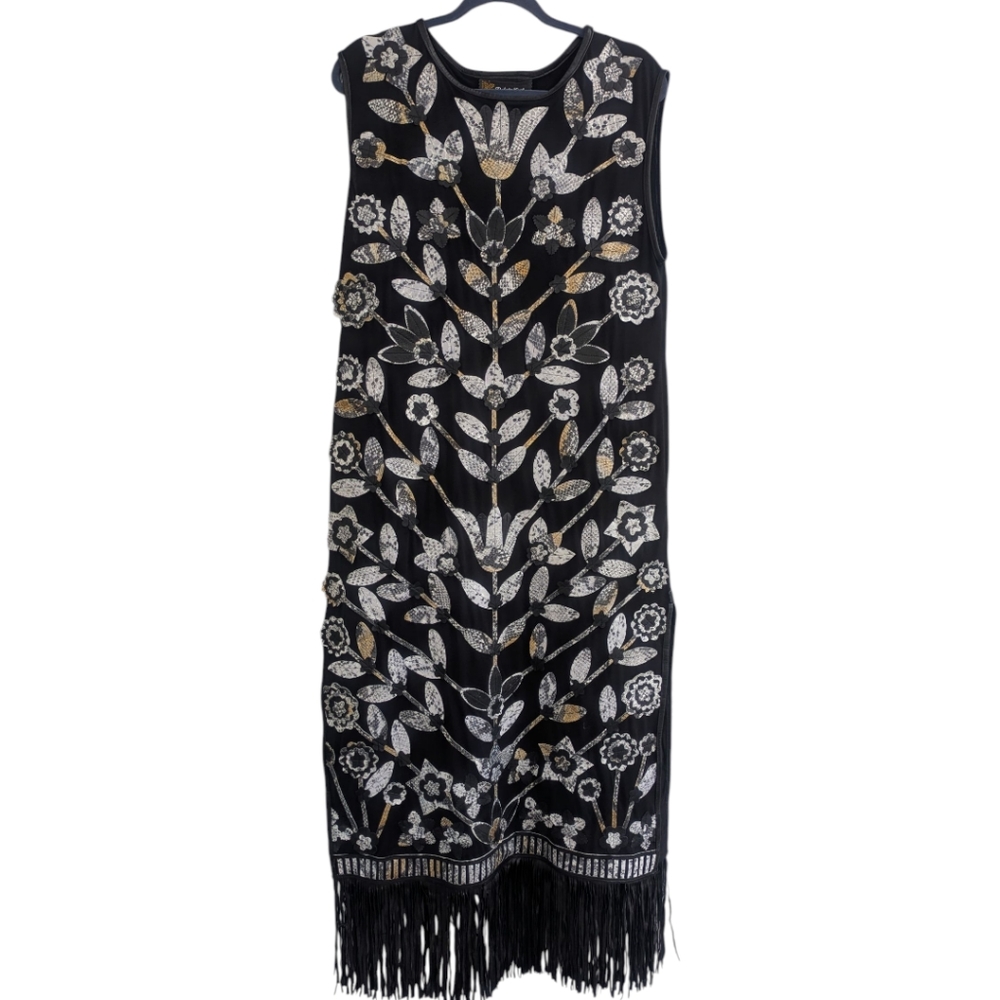 Dakota West Black Floral Leather Fringe Dress
